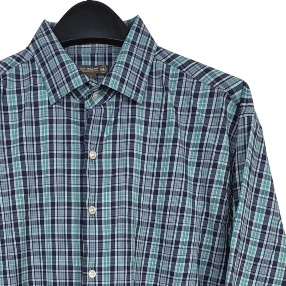 Peter Millar SUMMER COMFORT Shirt Mens Large Blue Teal Plaid Stretch Performance